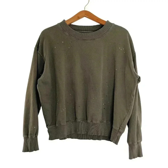 Sundry Army Green Gold Paint Splattered Crewneck Sweatshirt Distressed Size 4 - Picture 1 of 6